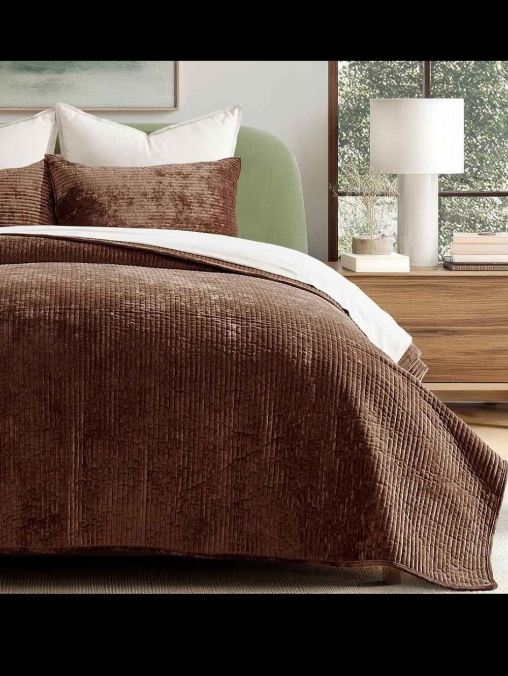 Striped Channel Velvet Quilt Set, King Size, Rust BrownLuxurious Soft Lightwei